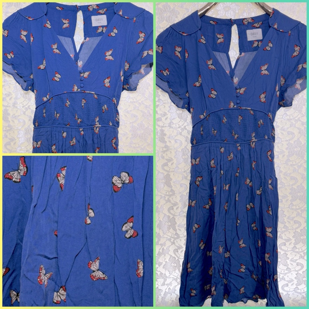 Oasis periwinkle Blue Dress with orange rust Butterfly print small